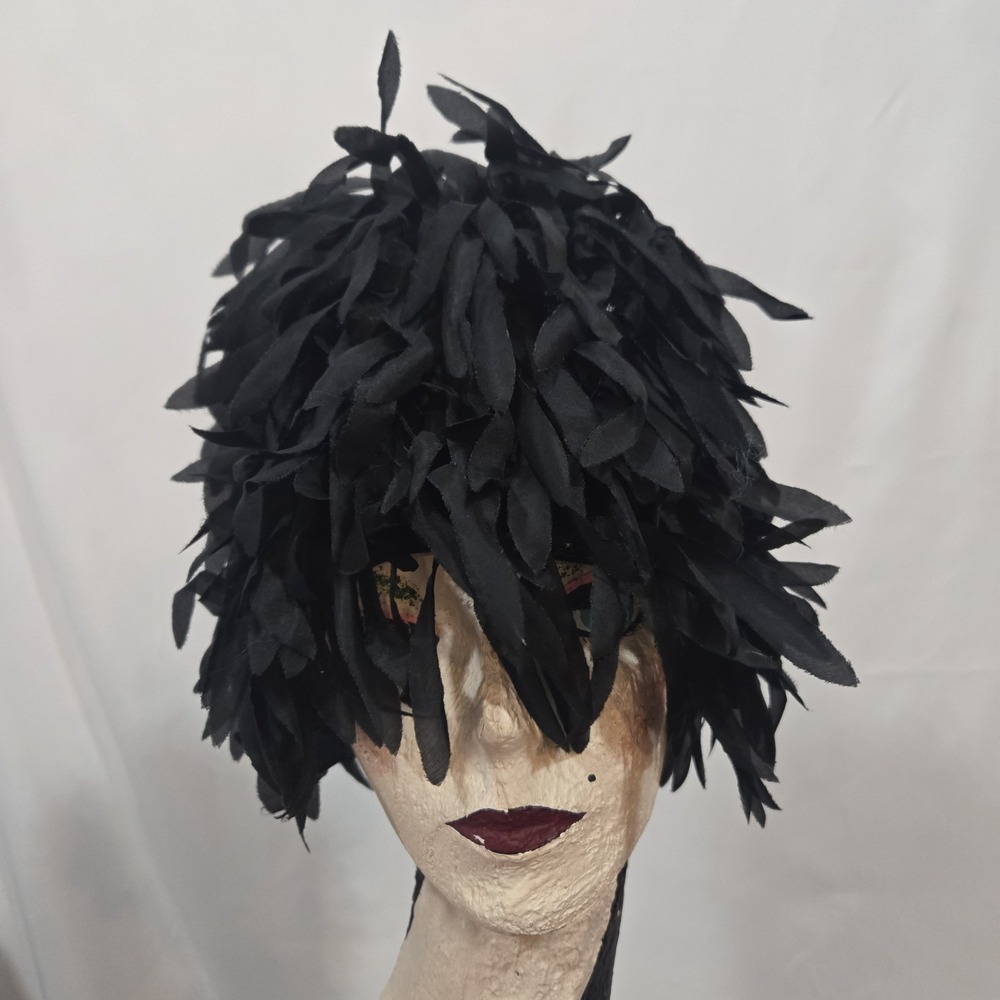 Vintage 1960s Bonwit Teller France Black Cut Fabric Fringe Sculptural Hat